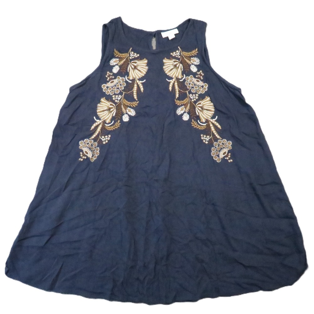 J Jill Embroidered Floral Tunic Tank Top S Navy Flowy Boho Cottagecore Autumn